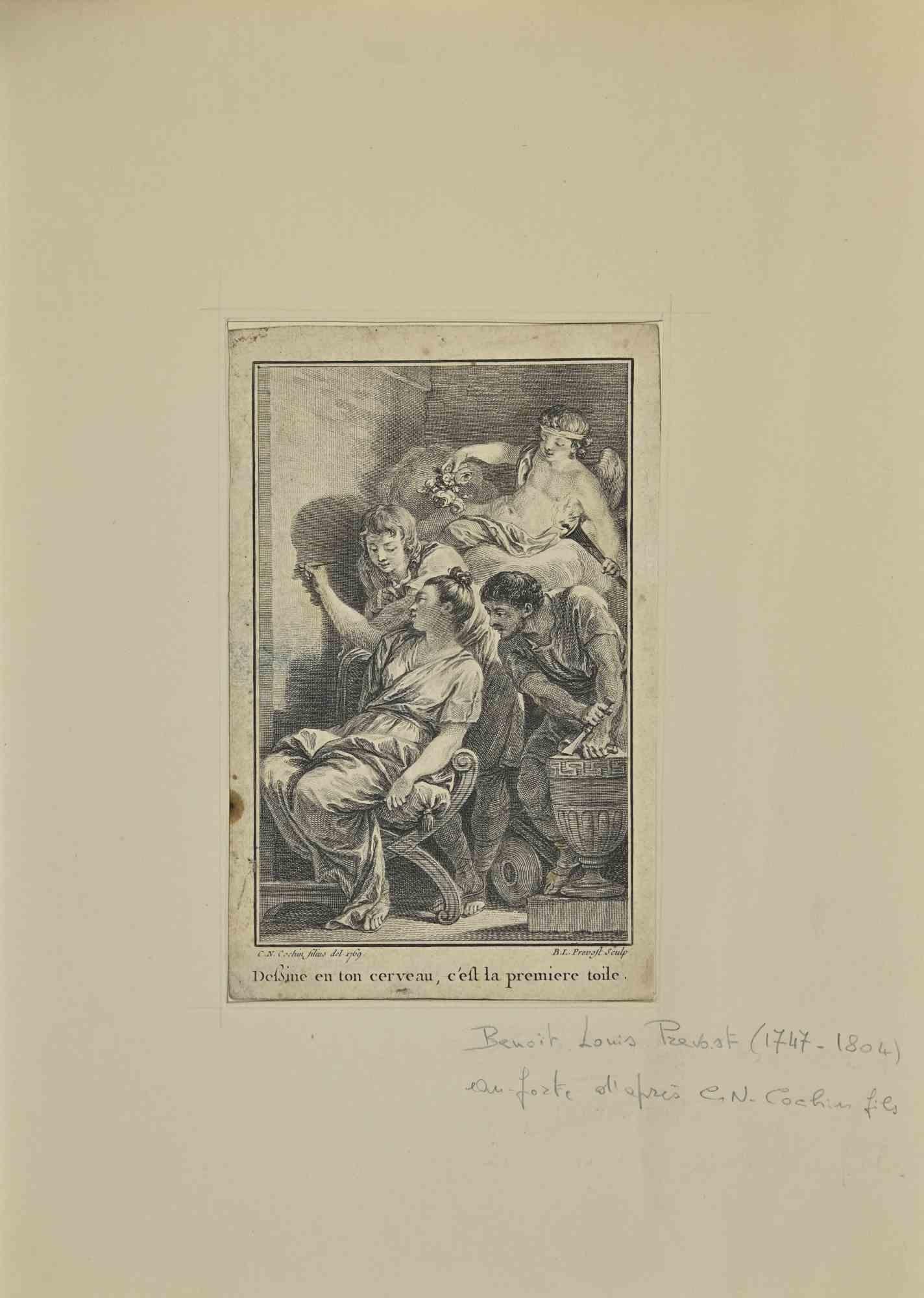 Painter - Etching by Benoit Louis Prevost - 19th Century