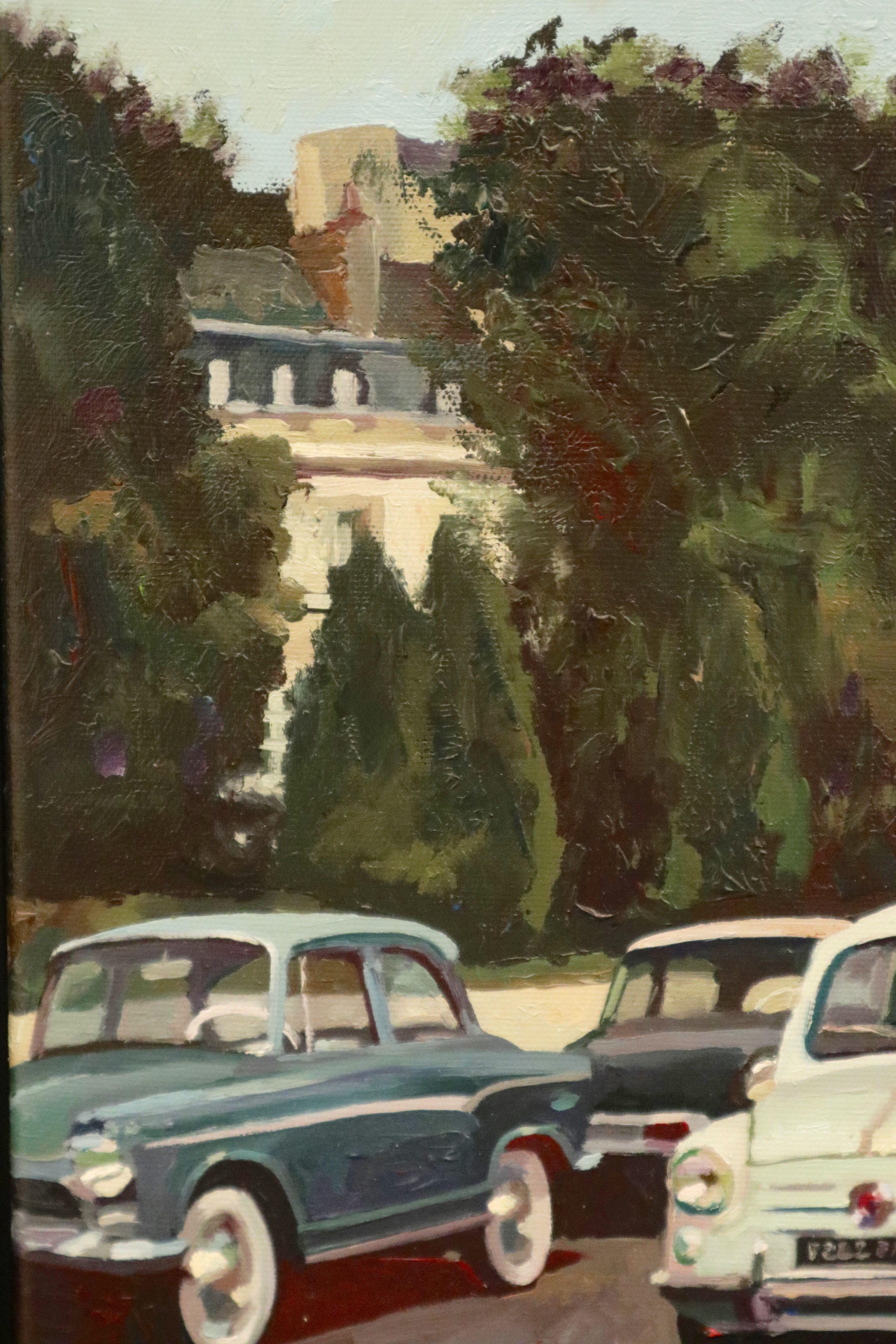 Questa pittura, molto decorativa, mostra uno scenario di vita a Parigi negli anni '50.  Il celebre Arco di Trionfo è raffigurato all'arrivo in un piano giusto al livello delle proporzioni.  L'artista ha creato un'atmosfera molto tradizionale, con