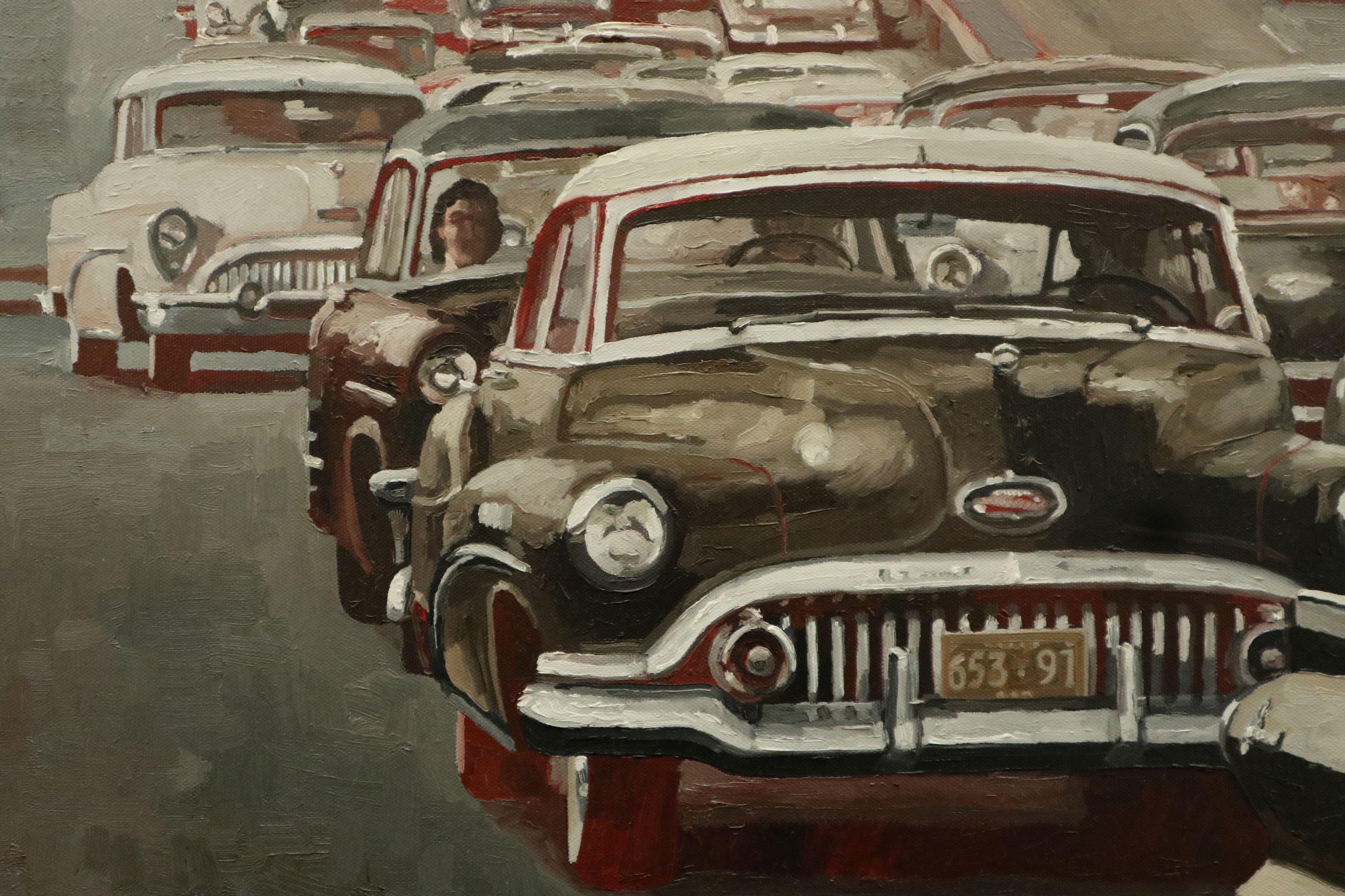 Ces voitures fantastiques  negli anni '50, le vestigia di un'epoca rivoluzionaria hanno ispirato l'artista.  In questo paesaggio urbano, tutti i dettagli delle gallerie e i colori rutilanti sono perfettamente colorati.  L'ambiance est saisissante. 