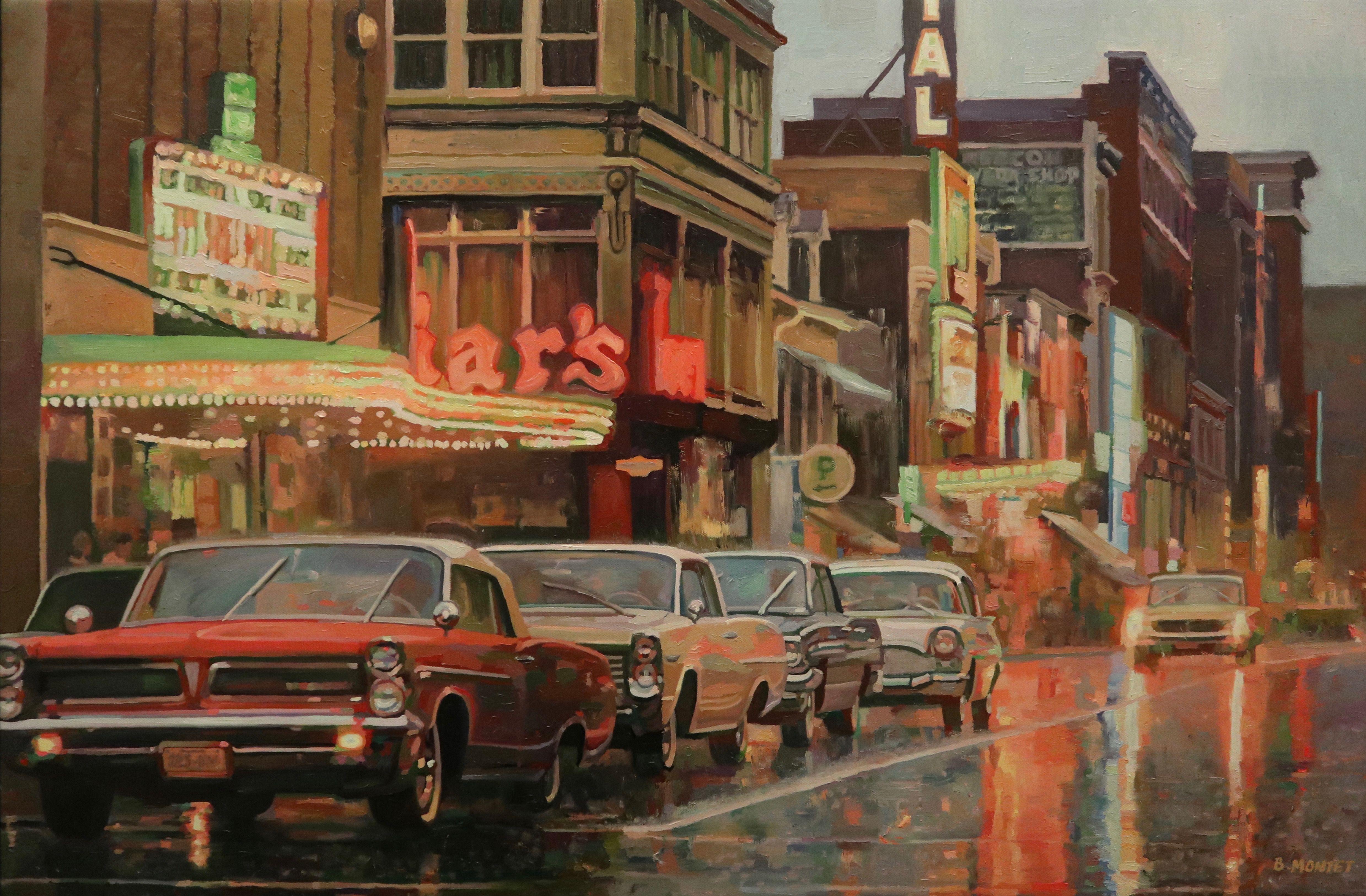 Cette peinture trÃ¨s dÃ©corative nous montre une scÃ¨ne de ville amÃ©ricaine dans les annÃ©es 60,  avec au premier plan de belles Pontiac.  L'Artiste a crÃ©er une ambiance de pluie trÃ¨s rÃ©aliste, avec des effets de couleurs.  Les reflets lumineux
