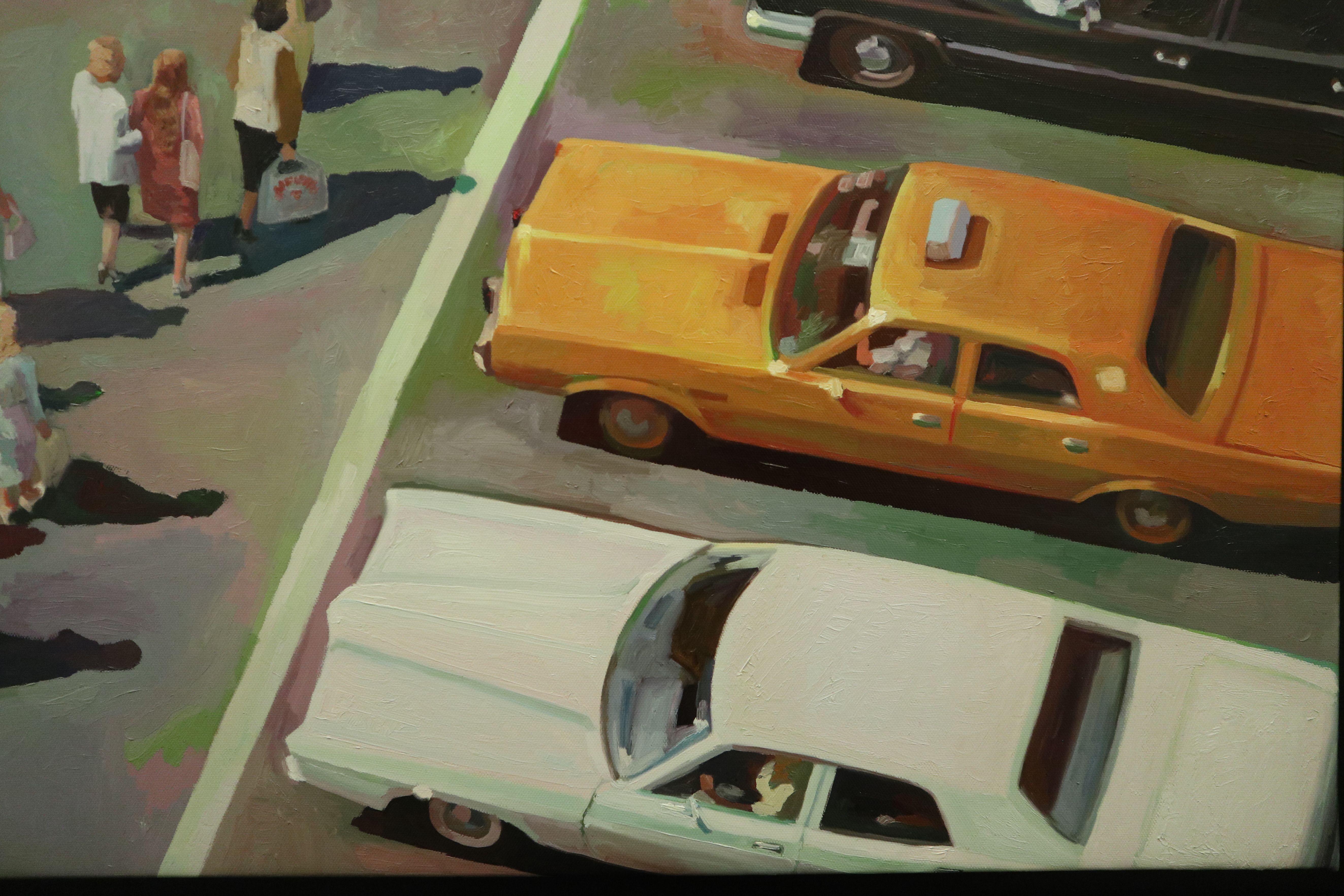 Diese Malerei in einem sehr eleganten Stil erlaubt es uns, die Arbeit des Künstlers zu würdigen, die uns einen wunderbaren Blick auf die amerikanische Straßenlandschaft der 70er Jahre bietet.  Das Werk ist sehr farbenfroh und in seiner Komposition
