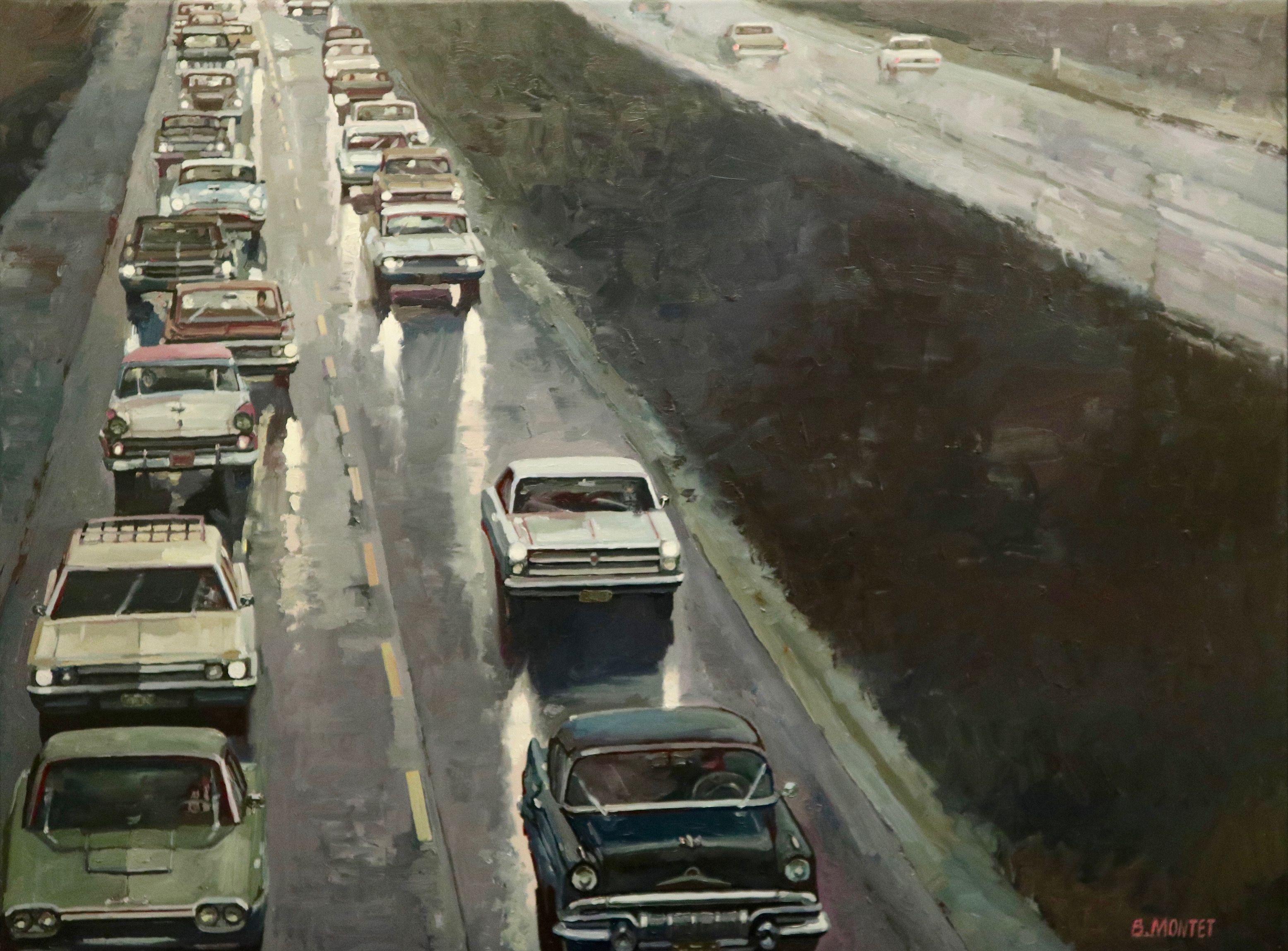 Ce magnifique tableau nous prÃ©sente un embouteillage dans les annÃ©es 60 sous la pluie.  BenoÃ®t Montet a su capter les lumiÃ¨res des phares qui se reflÃ¨tent sur le macadam trempÃ©.   Cette oeuvre avec ses nuances de violets, de gris subtiles et