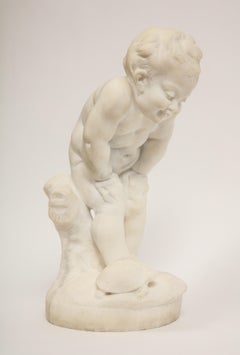 Benoit Rougelet, F. Barbedienne, a White Marble Sculpture of a Putti and Turtle