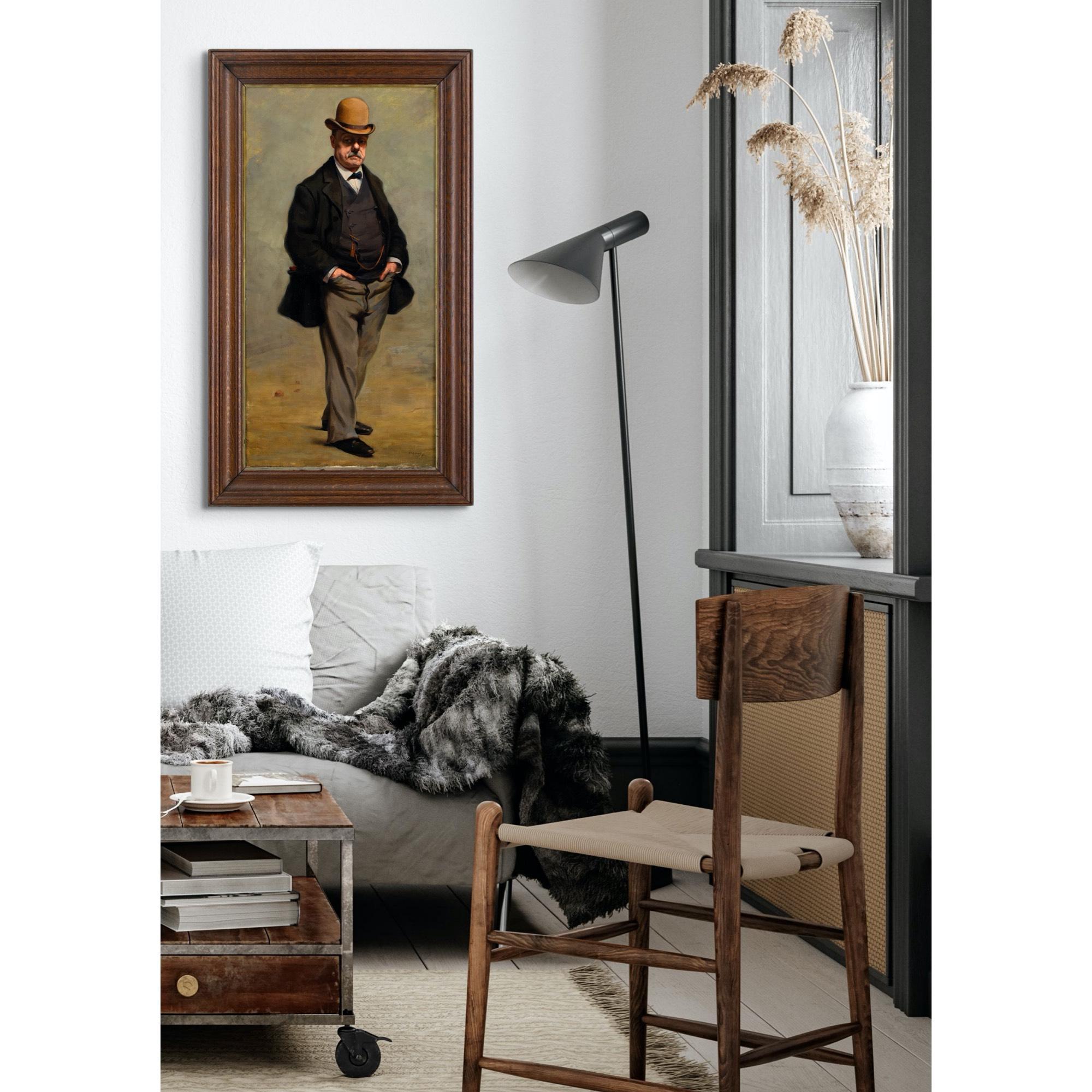 This charming early 20th-century oil painting by Belgian artist Benoni Van der Gheynst (1876-1946) depicts a gentleman wearing a white shirt, dark grey waistcoat, black coat, bowtie and tan bowler hat.

During the early part of the 20th century, Van