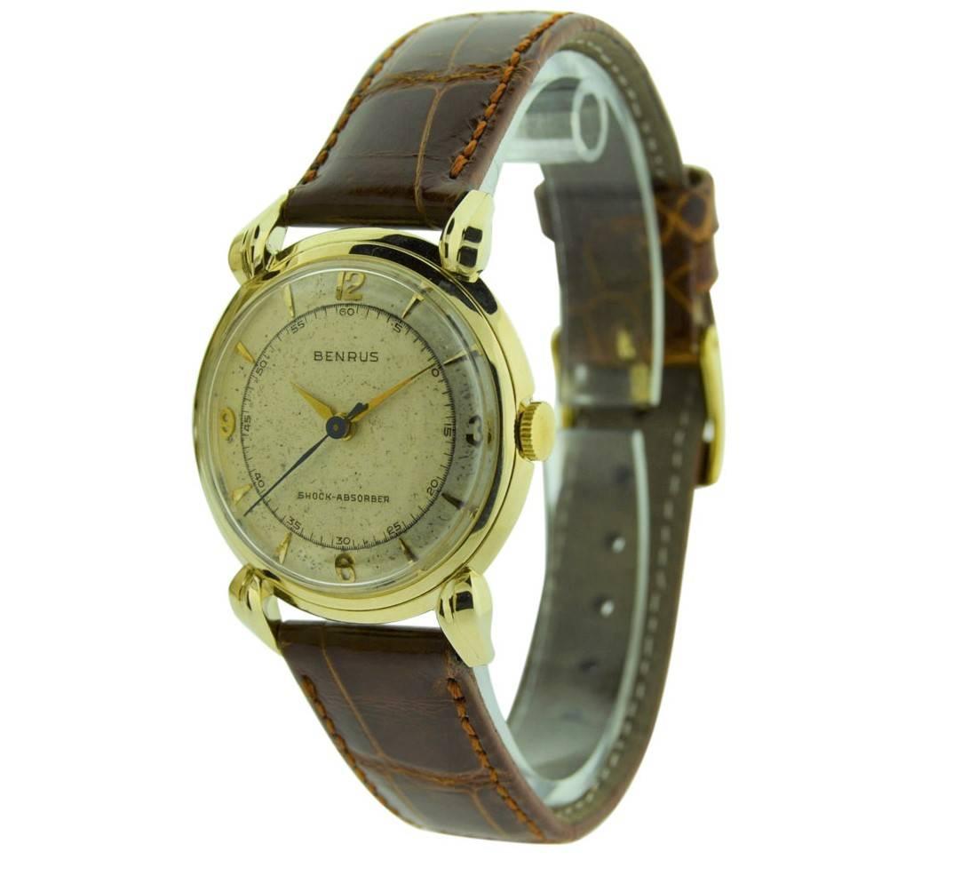 Benrus 14 Karat Yellow Gold Art Deco Wristwatch with Original Patinated Dial In Excellent Condition In Long Beach, CA