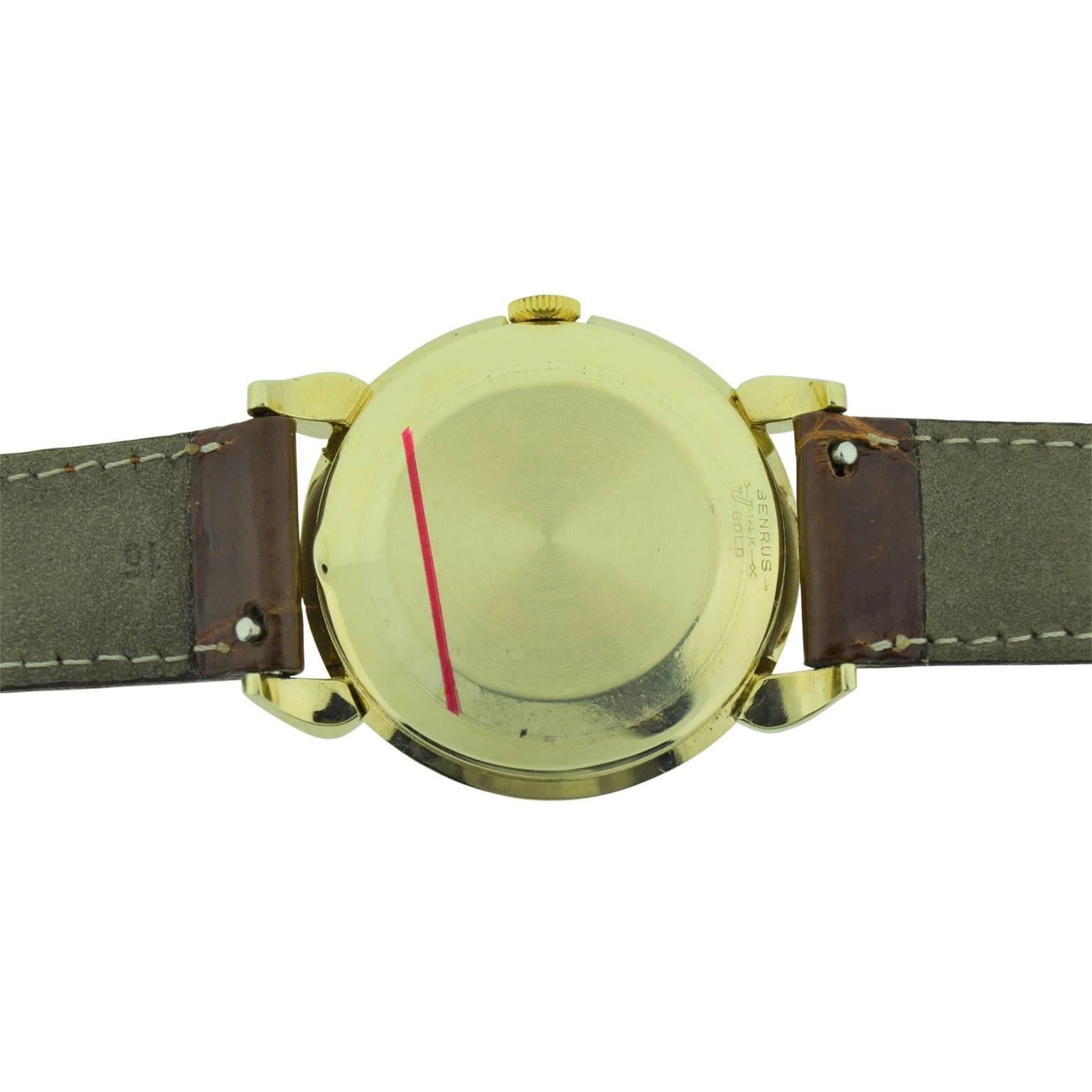 Benrus 14 Karat Yellow Gold Art Deco Wristwatch with Original Patinated Dial 1
