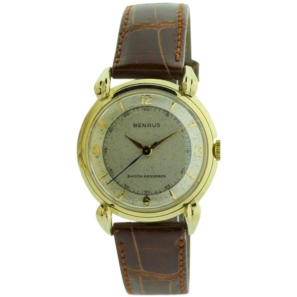 Benrus 14 Karat Yellow Gold Art Deco Wristwatch with Original Patinated Dial