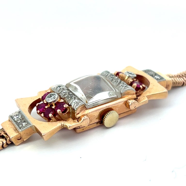 Benrus 14k Rose Gold Ladies Deco Watch Rubies And Diamonds Benrus 14k Rose Gold Ladies Deco Watch Rubies And Diamonds
