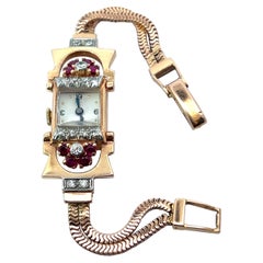 Benrus 14k rose gold ladies Deco watch rubies and diamonds