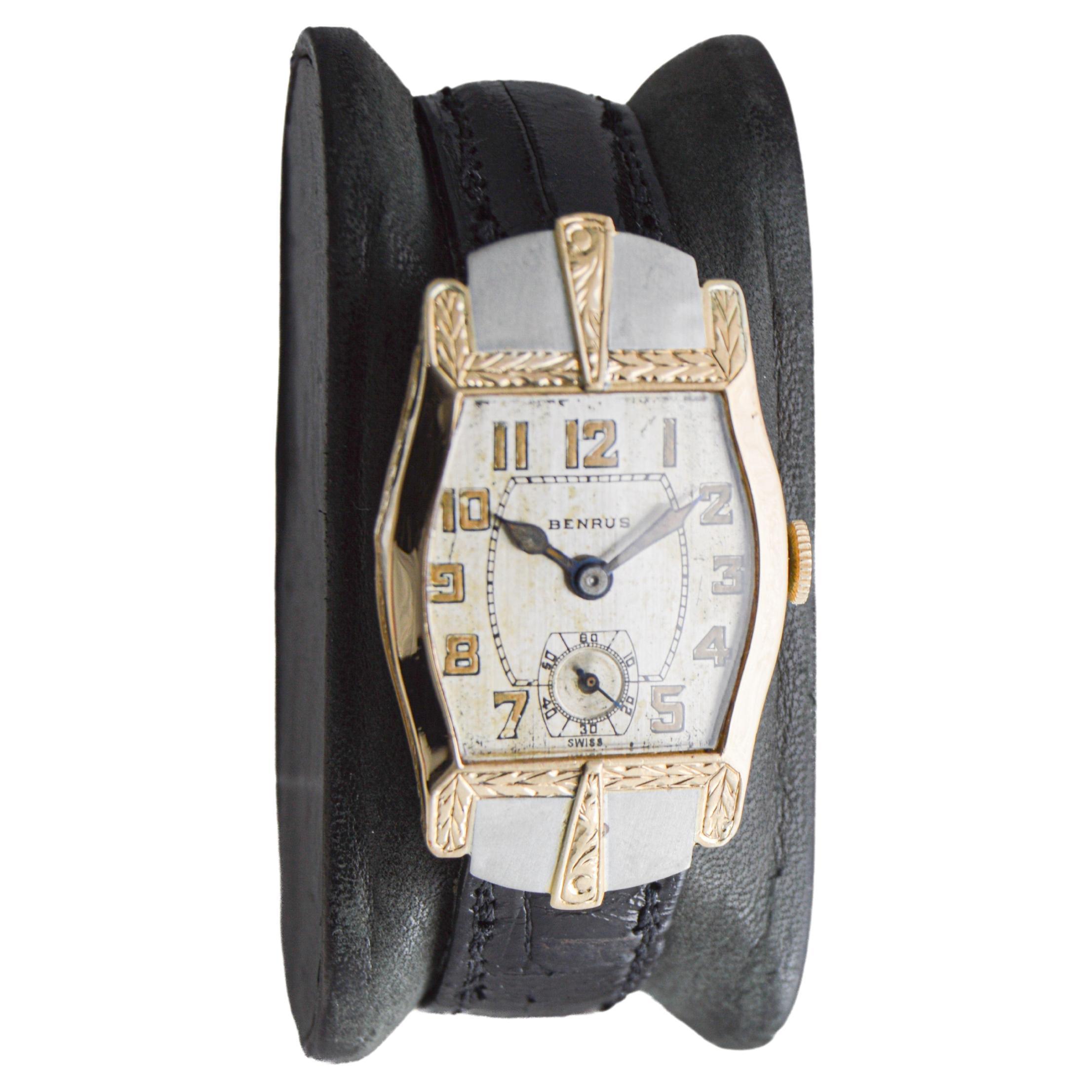 FACTORY / HOUSE: Benrus Watch Company
STYLE / REFERENCE: Art Deco / Tortue Shape
METAL / MATERIAL: 14Kt Two-Tone
CIRCA / YEAR: 1930's
DIMENSIONS / SIZE: Length 43mm X Diameter 26mm
MOVEMENT / CALIBER: Manual Winding / 15 Jewels / 
Caliber 10 1/2