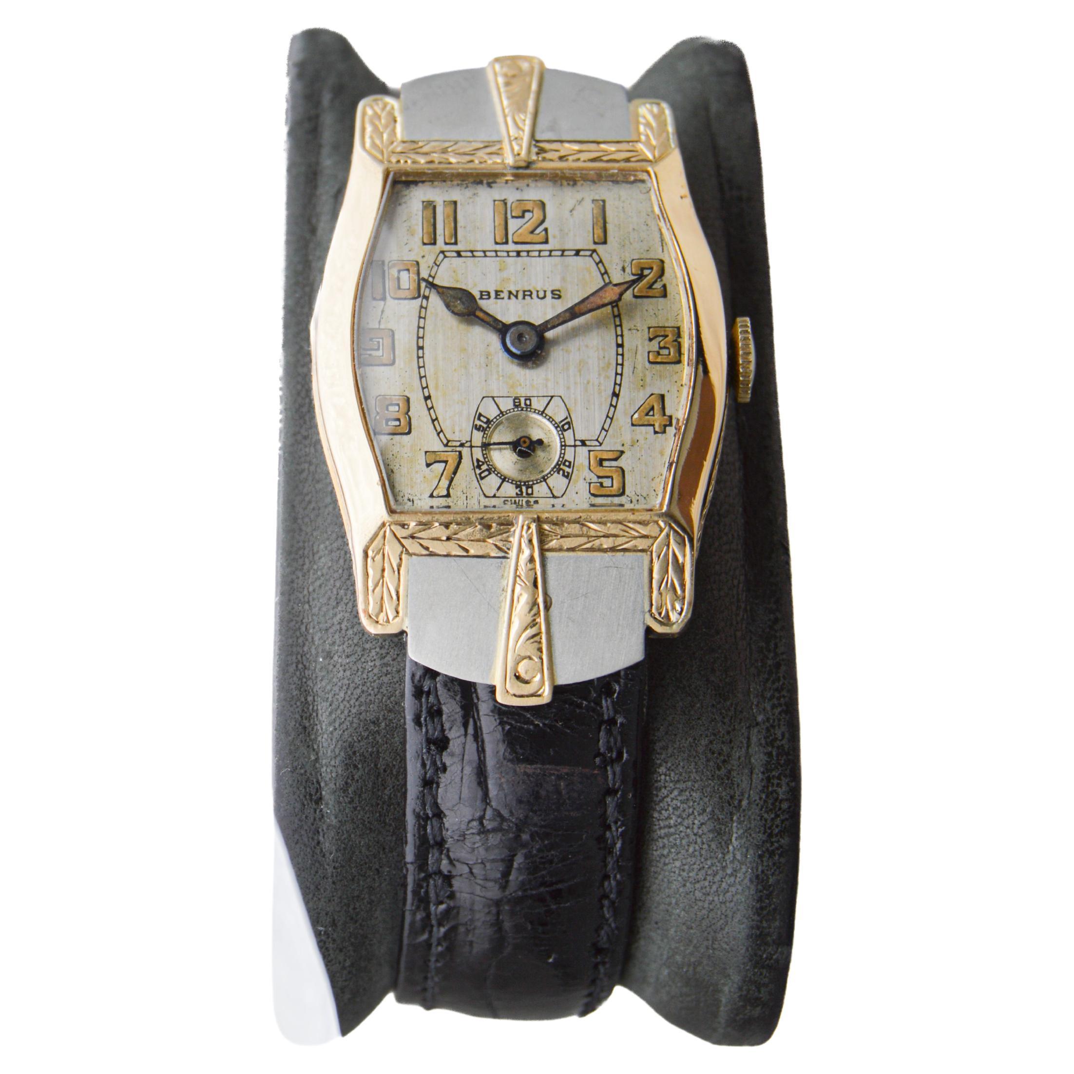 Benrus 14Kt Two-Tone Art Deco Tortue Shape Hand Made Case Original Dial 1920's In Excellent Condition For Sale In Long Beach, CA