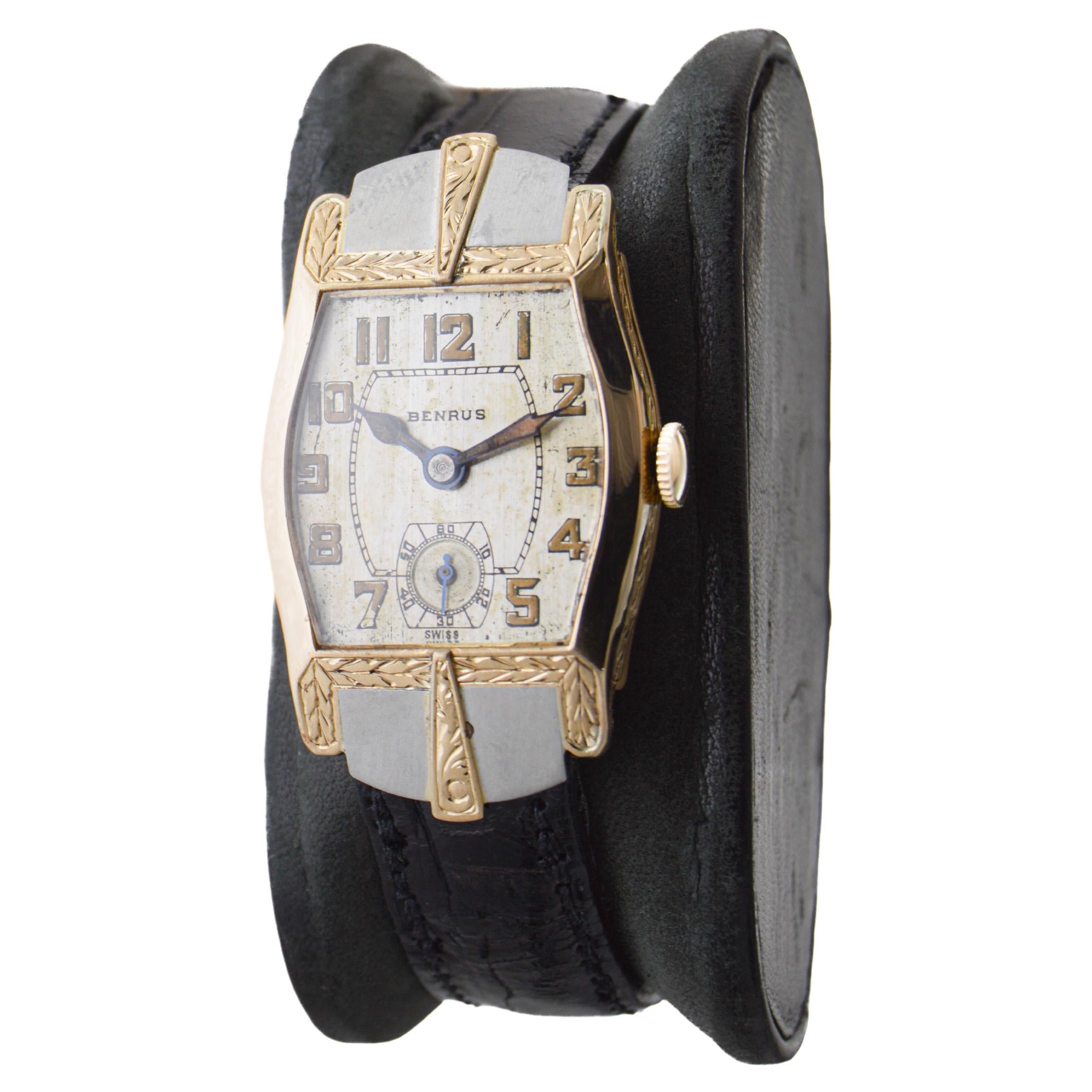 Women's or Men's Benrus 14Kt Two-Tone Art Deco Tortue Shape Hand Made Case Original Dial 1920's For Sale