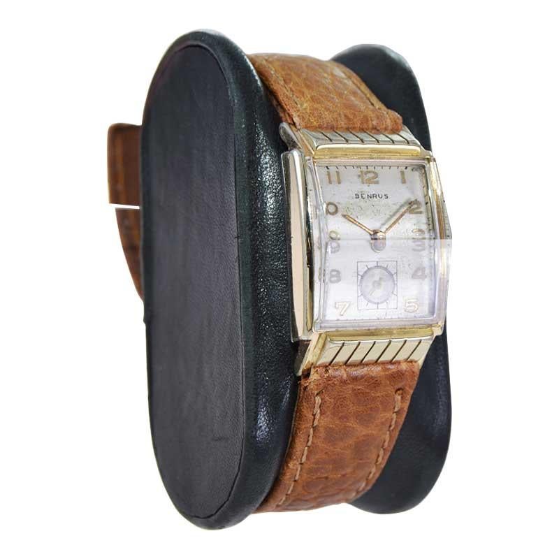 Benrus Art Deco Tank Style Wrist Watch with Original Dial, Circa 1940's In Excellent Condition For Sale In Long Beach, CA