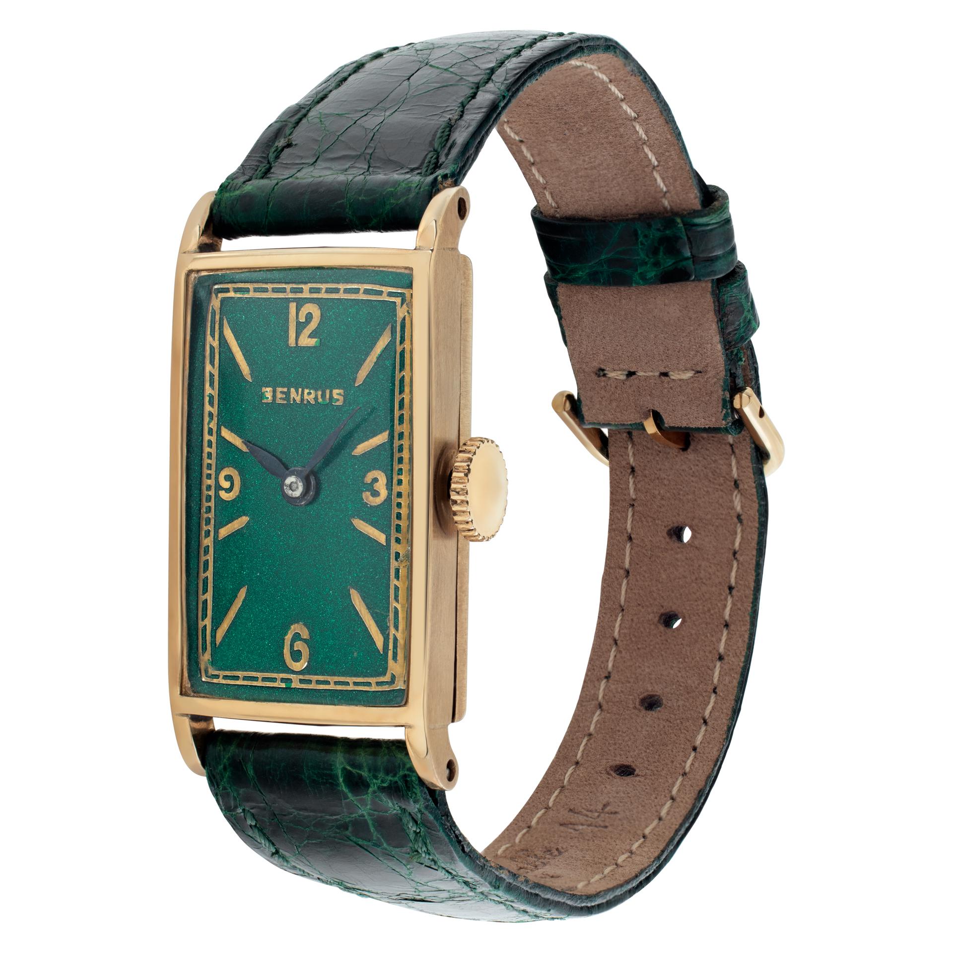 Vintage Ladies Benrus manual wind leather band with two piece clasp. Certified pre-owned. Manual Fine Pre-owned Benrus Watch. Certified preowned Vintage Benrus Classic watch on a Green Leather band with a Gold Fill tang buckle. This Benrus watch has