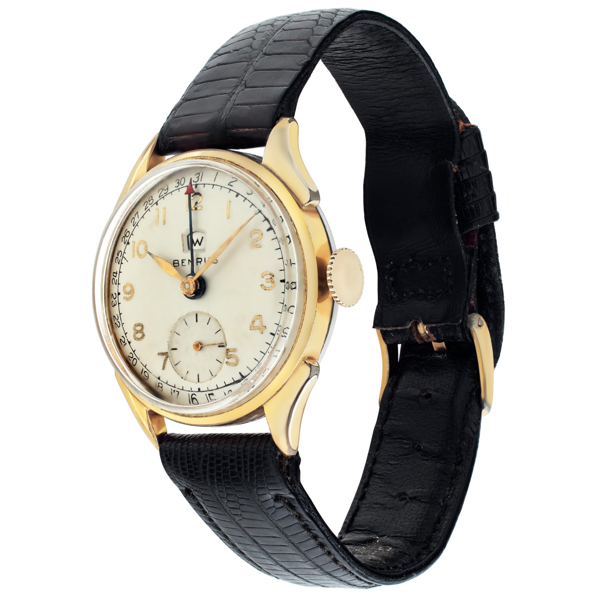 Benrus with gold filled case on leather strap. With subseconds. Subsidary seconds. Day of the week window, date hand Fine Pre-owned Benrus Watch. Certified preowned Vintage Benrus Classic watch on a plaque bracelet with a Gold Fill tang buckle. This