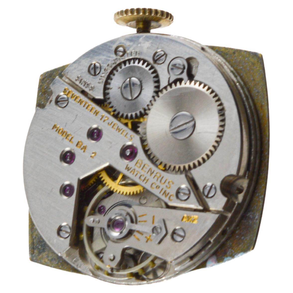 Benrus Gold Filled 1940's Art Deco Classic Tortue Shape with Custom Blue Dial For Sale 8