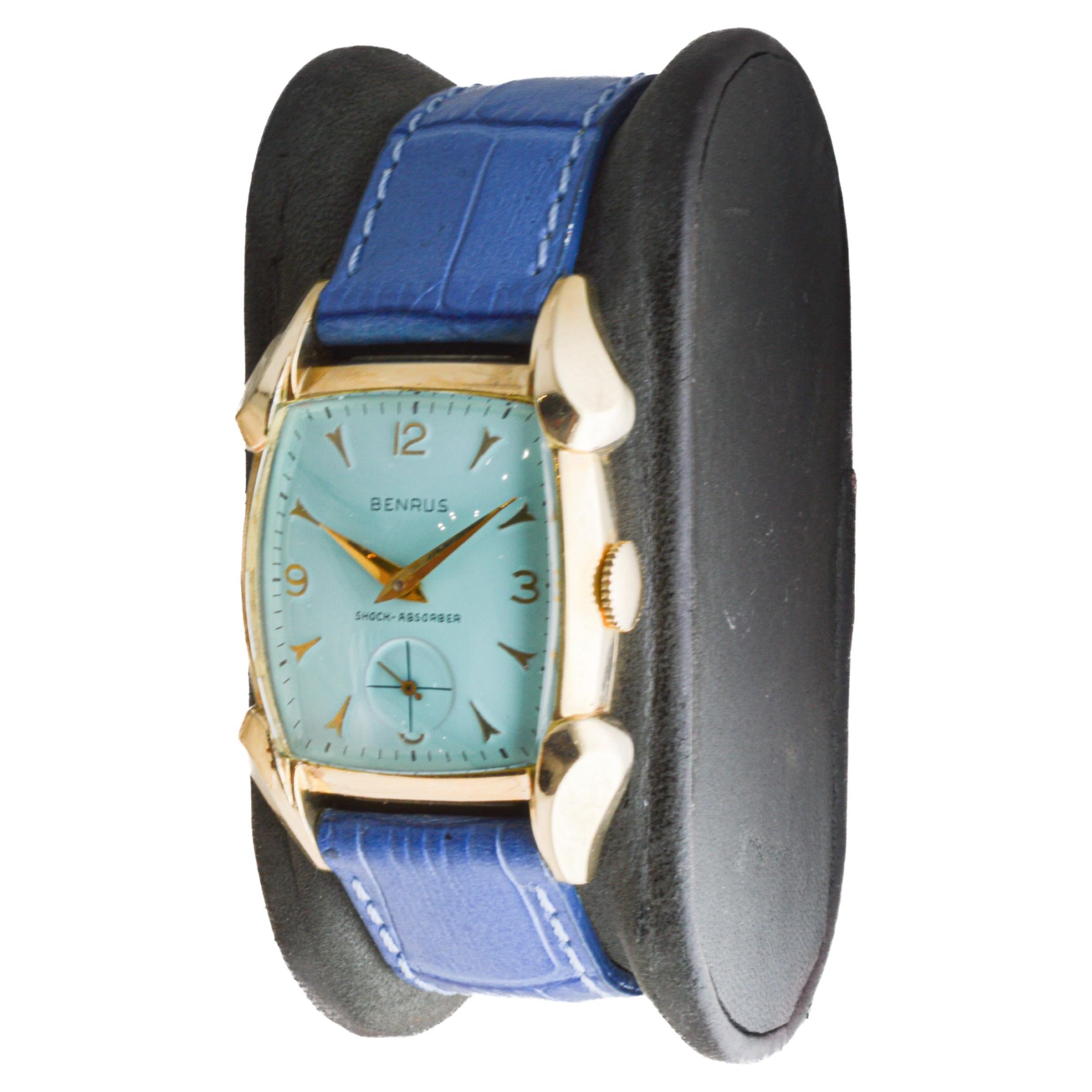 Benrus Gold Filled 1940's Art Deco Classic Tortue Shape with Custom Blue Dial In Excellent Condition For Sale In Long Beach, CA