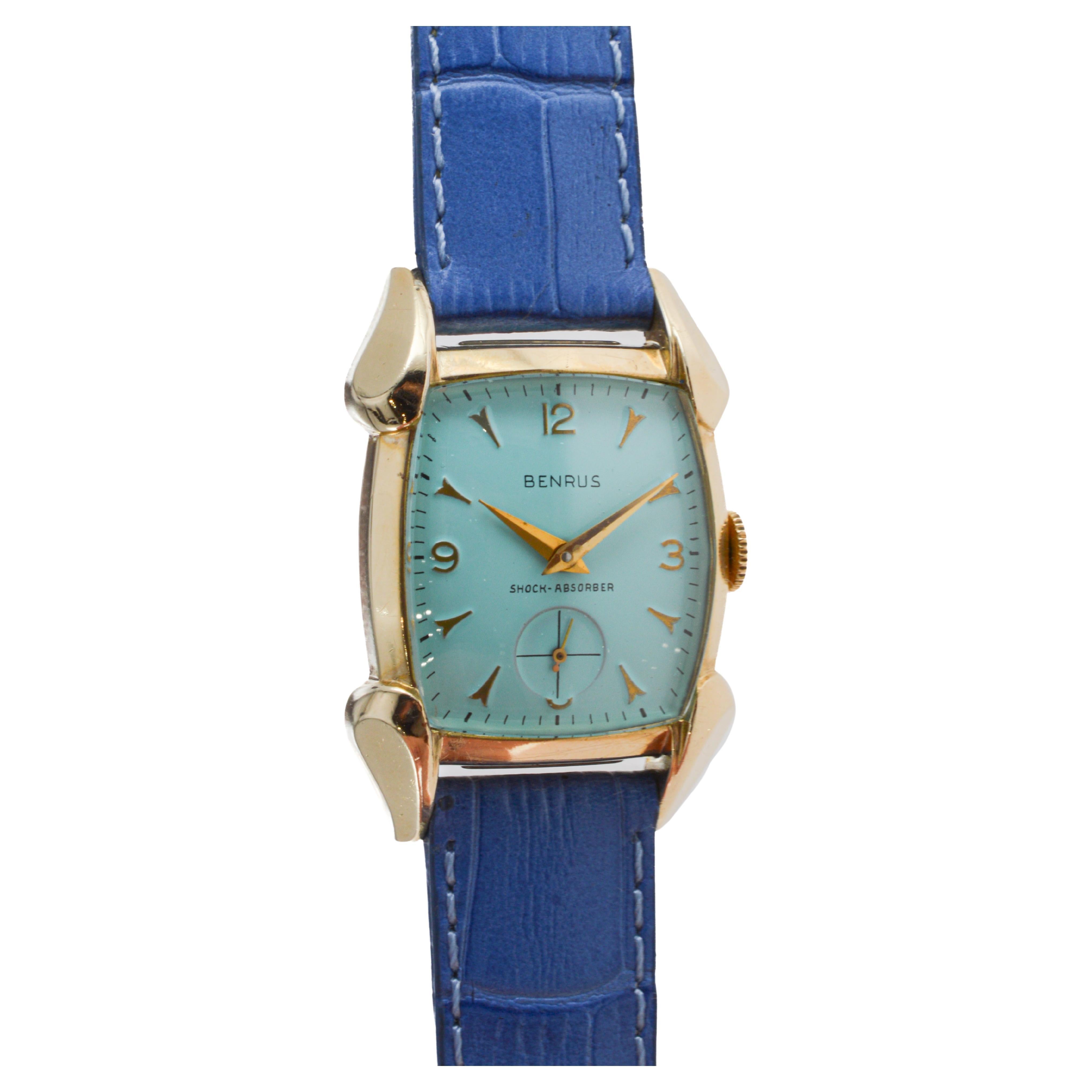 Women's or Men's Benrus Gold Filled 1940's Art Deco Classic Tortue Shape with Custom Blue Dial For Sale