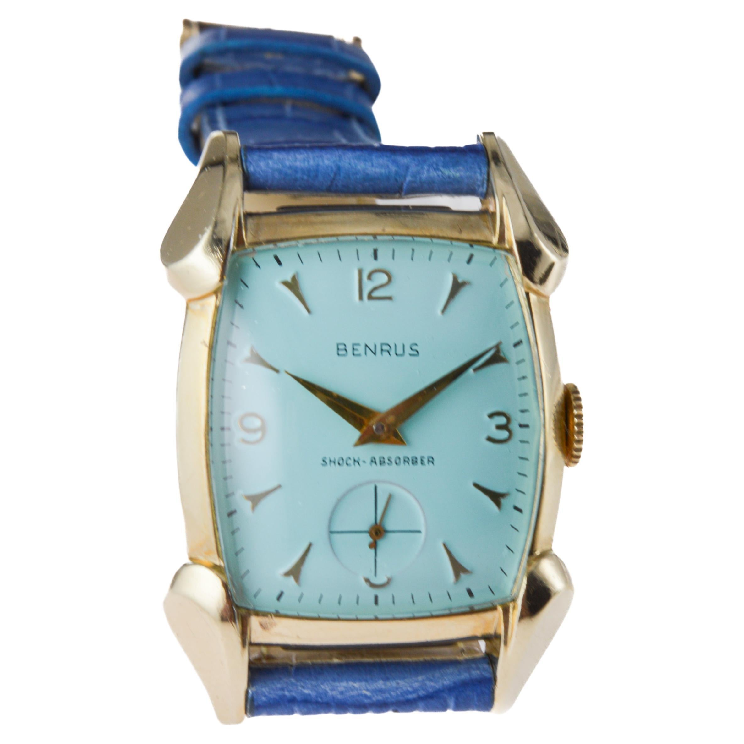 Benrus Gold Filled 1940's Art Deco Classic Tortue Shape with Custom Blue Dial For Sale 2