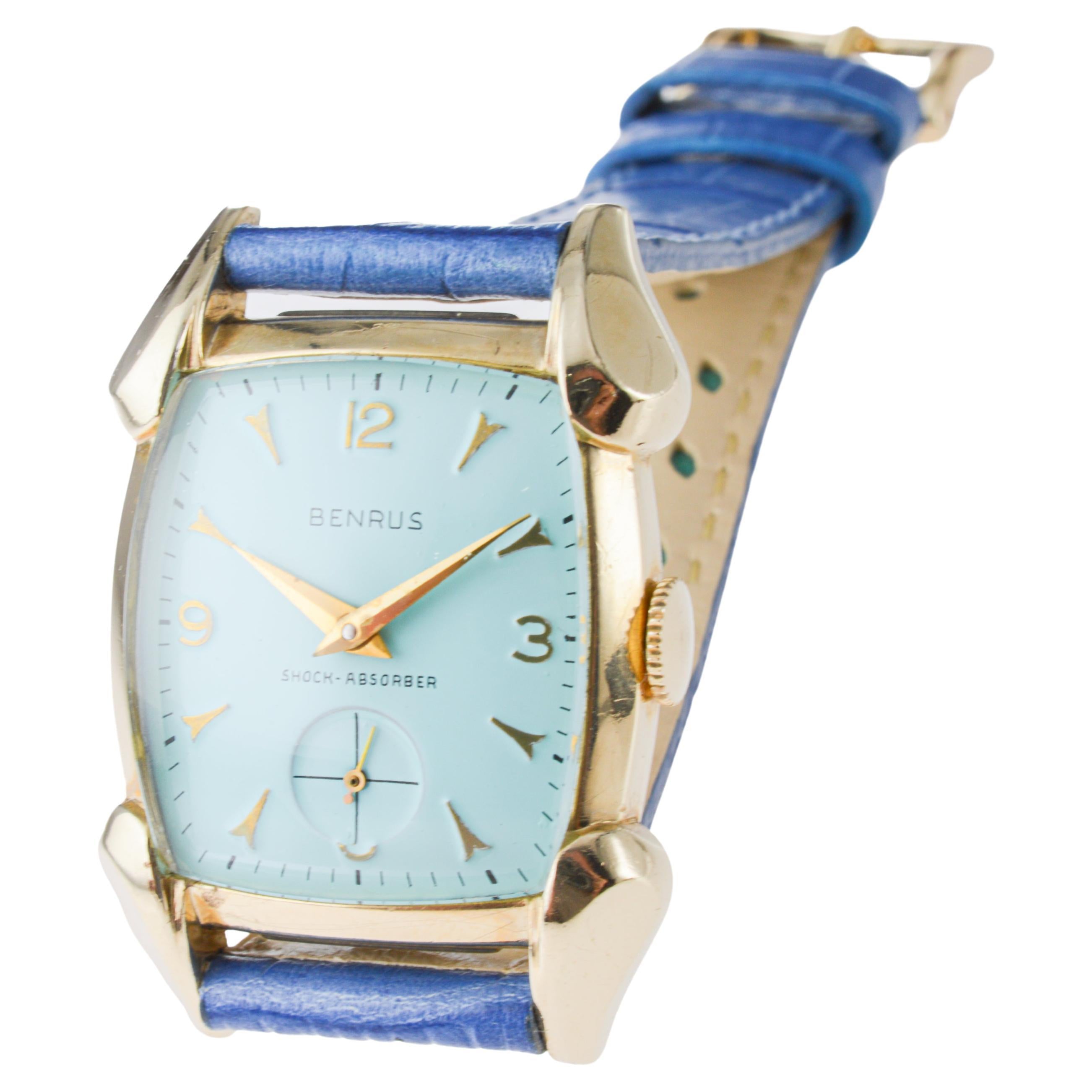 Benrus Gold Filled 1940's Art Deco Classic Tortue Shape with Custom Blue Dial For Sale 3