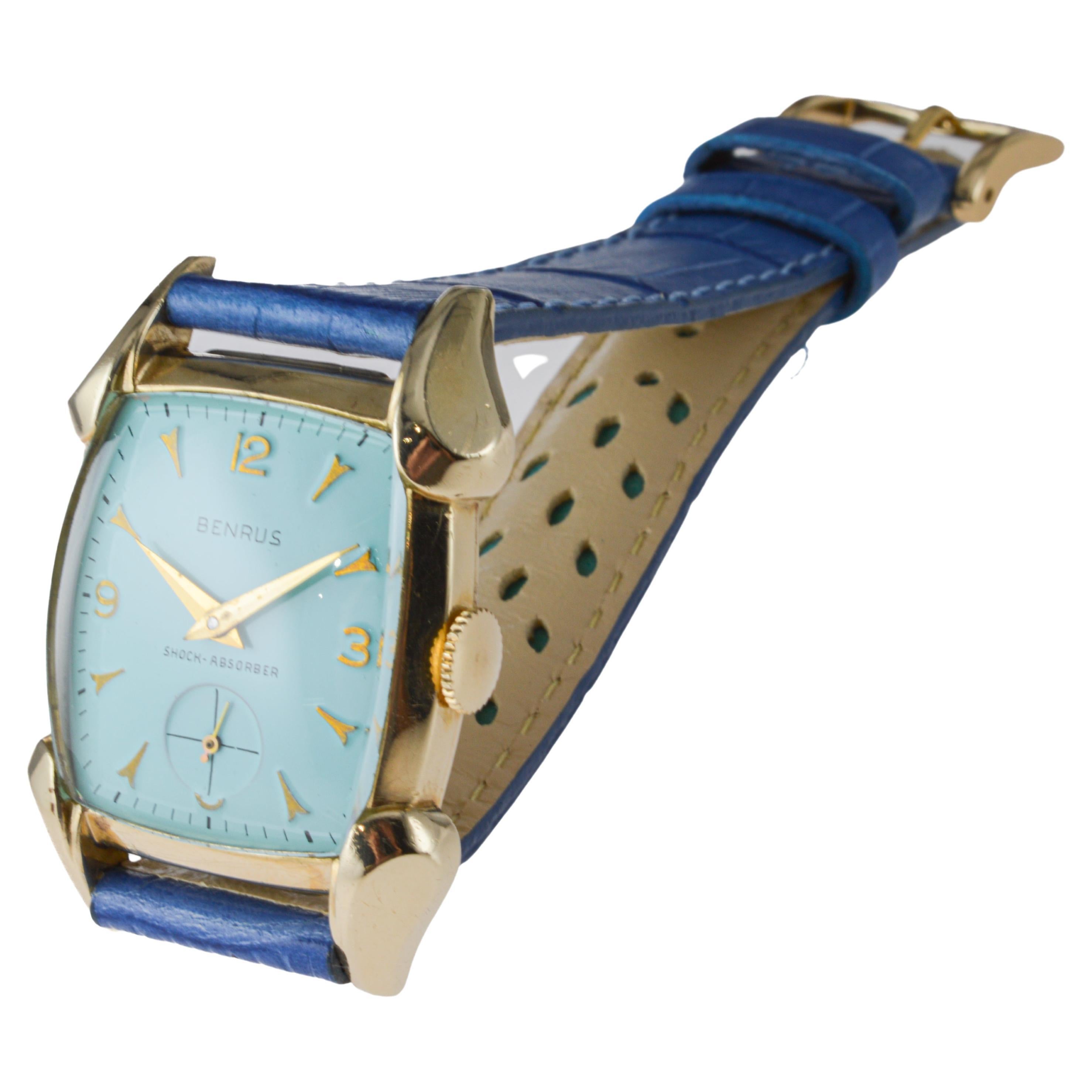 Benrus Gold Filled 1940's Art Deco Classic Tortue Shape with Custom Blue Dial For Sale 4