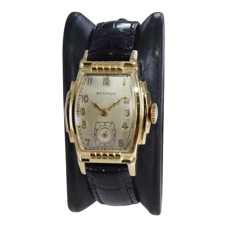FACTORY / HOUSE: Benrus Watch Company
STYLE / REFERENCE: Art Deco Tortue Shape
METAL / MATERIAL: Gold Filled 
CIRCA / YEAR: 1940's
DIMENSIONS / SIZE: 40mm x 27mm
MOVEMENT / CALIBER: Manual Winding / 15 Jewels 
DIAL / HANDS: Original Silvered with