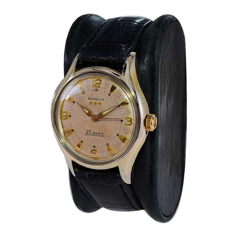 Benrus Gold Filled Art Deco Watch Automatic with Original Patinated Dial 1950's For Sale 3