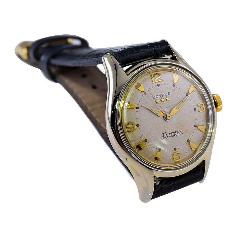 Benrus Gold Filled Art Deco Watch Automatic with Original Patinated Dial 1950's For Sale 6