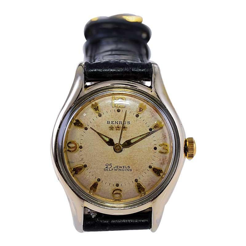 Benrus Gold Filled Art Deco Watch Automatic with Original Patinated Dial 1950's For Sale 8