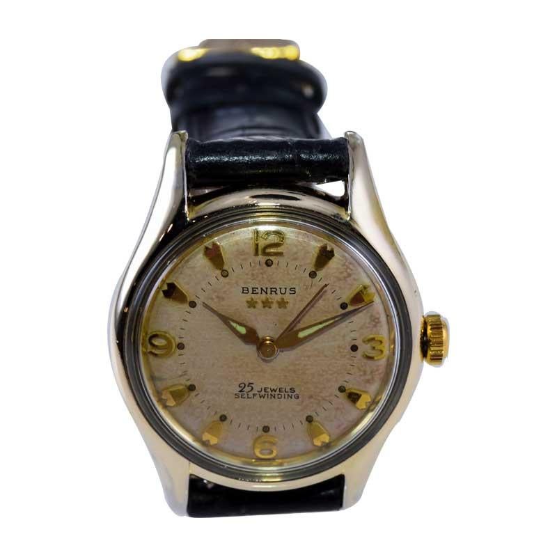 Benrus Gold Filled Art Deco Watch Automatic with Original Patinated Dial 1950's For Sale 9