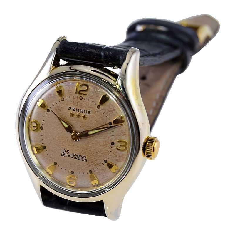 Benrus Gold Filled Art Deco Watch Automatic with Original Patinated Dial 1950's For Sale 10