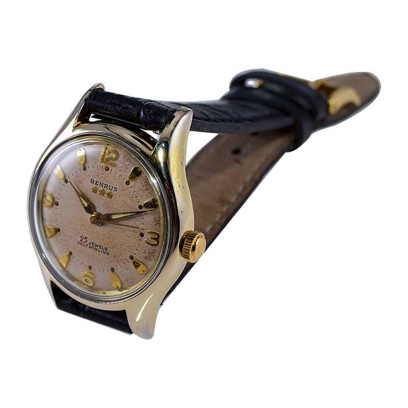 Benrus Gold Filled Art Deco Watch Automatic with Original Patinated Dial 1950's For Sale 11