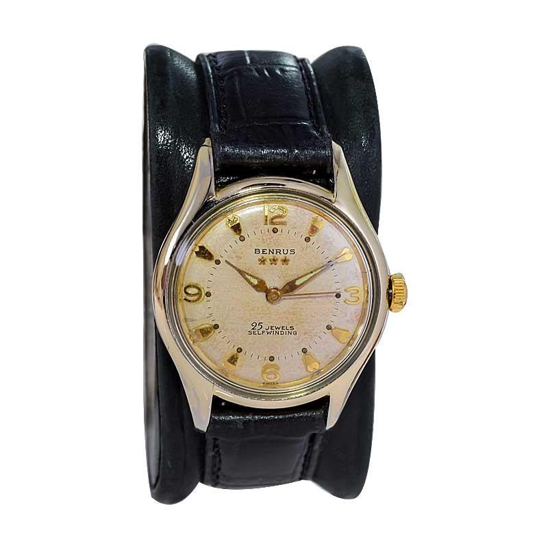 Benrus Gold Filled Art Deco Watch Automatic with Original Patinated Dial 1950's In Excellent Condition For Sale In Long Beach, CA