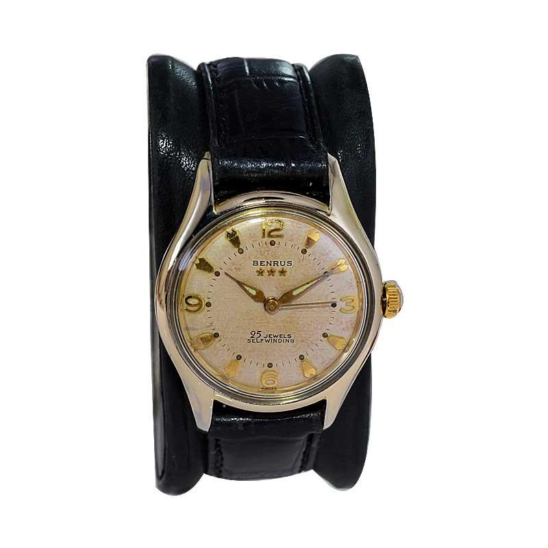 Women's or Men's Benrus Gold Filled Art Deco Watch Automatic with Original Patinated Dial 1950's For Sale