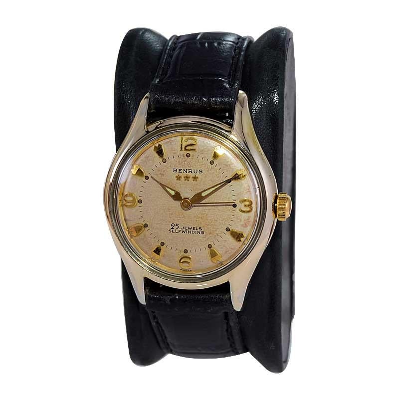 Benrus Gold Filled Art Deco Watch Automatic with Original Patinated Dial 1950's For Sale 1
