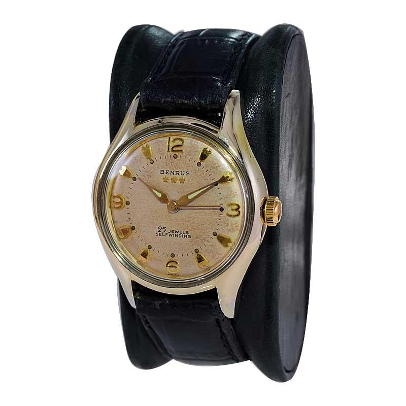 Benrus Gold Filled Art Deco Watch Automatic with Original Patinated Dial 1950's For Sale 2