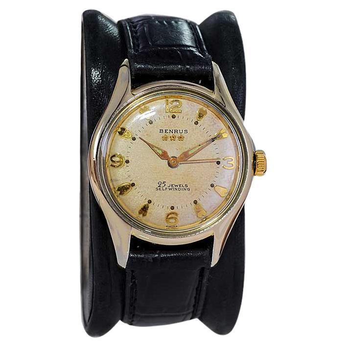 Benrus Gold Filled Art Deco Watch Automatic with Original Patinated Dial 1950's For Sale