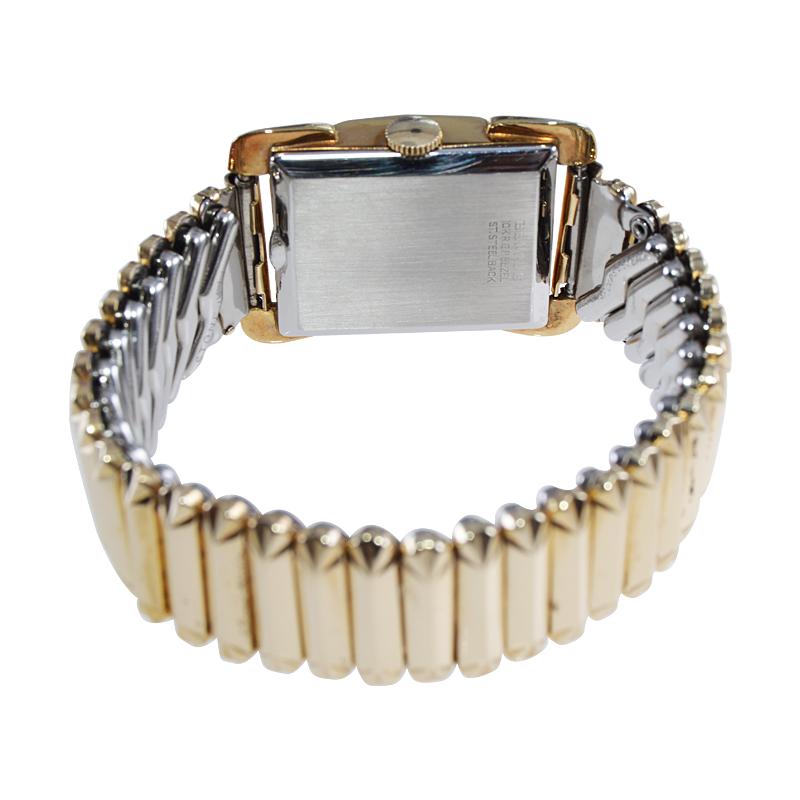 Benrus Gold Filled Art Deco Style Wristwatch Matching Period Bracelet c. 1950s 3