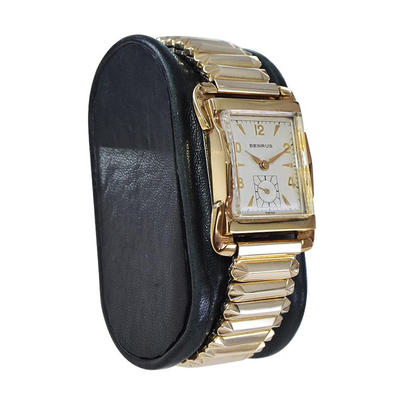 Benrus Gold Filled Art Deco Style Wristwatch Matching Period Bracelet c. 1950s In Excellent Condition In Long Beach, CA