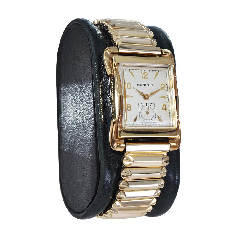Women's or Men's Benrus Gold Filled Art Deco Style Wristwatch Matching Period Bracelet c. 1950s