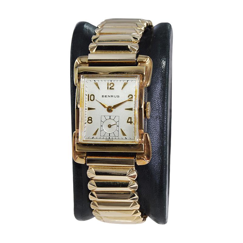 Benrus Gold Filled Art Deco Style Wristwatch Matching Period Bracelet c. 1950s 1