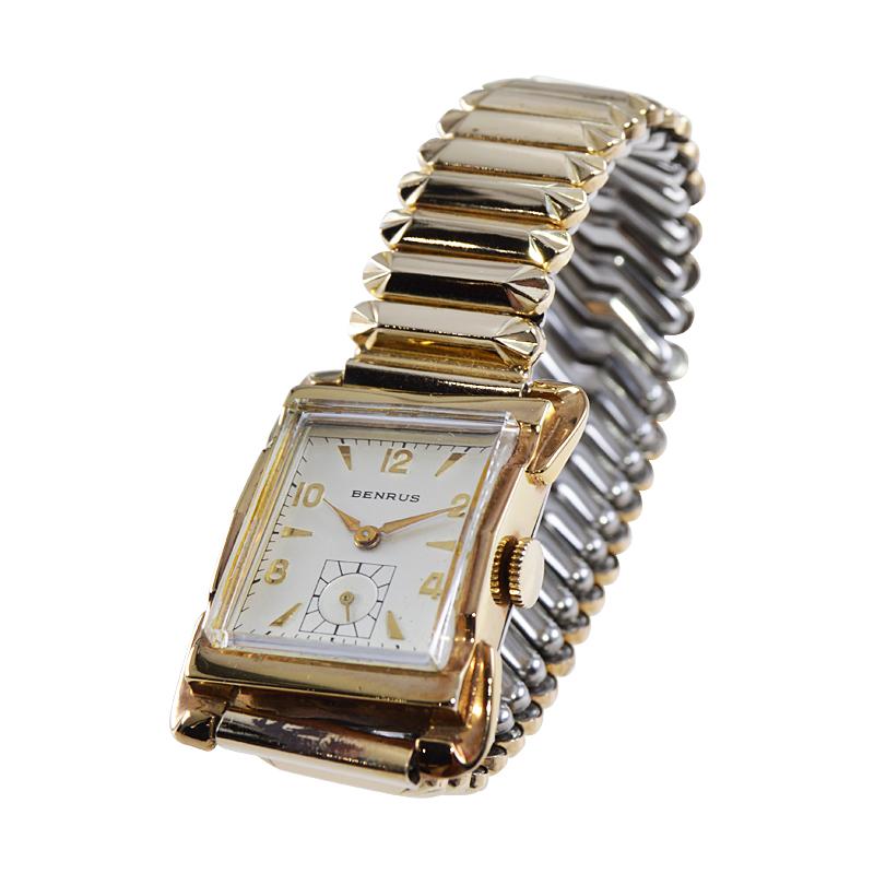 Benrus Gold Filled Art Deco Style Wristwatch Matching Period Bracelet c. 1950s 2