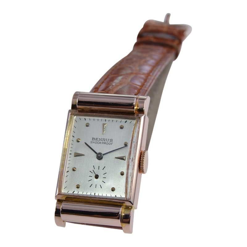 Benrus Solid Rose Gold Art Deco Tank Style Watch from 1940's 4