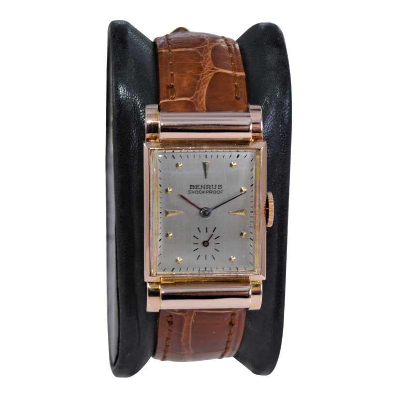FACTORY / HOUSE: Benrus Watch Company
STYLE / REFERENCE: Tank Style / Art Deco
METAL / MATERIAL: 14kt Solid Rose Gold 
CIRCA / YEAR: 1940's
DIMENSIONS / SIZE: 39mm x 22mm
MOVEMENT / CALIBER: Manual Winding / 17 Jewels 
DIAL / HANDS: Silvered with