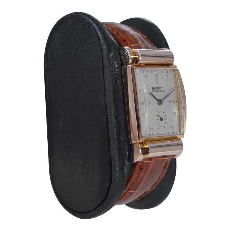 Women's or Men's Benrus Solid Rose Gold Art Deco Tank Style Watch from 1940's