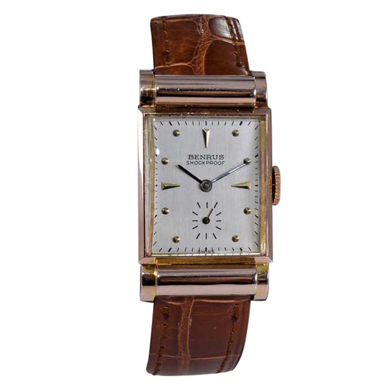 Benrus Solid Rose Gold Art Deco Tank Style Watch from 1940 display picture 1