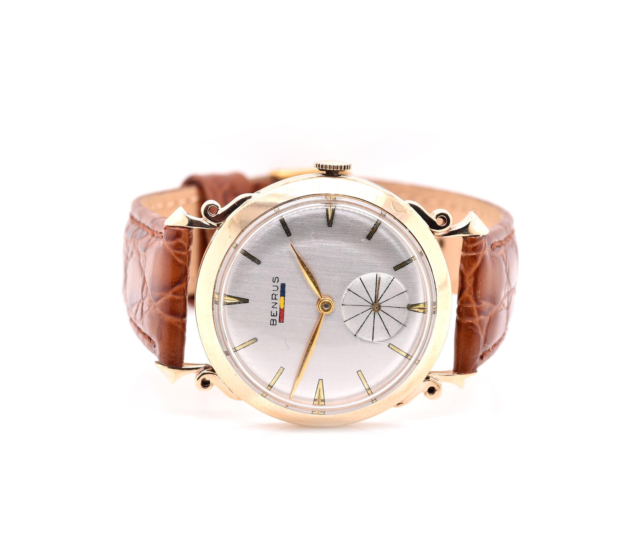 Movement: manual
Function: hours, minuets, seconds, date
Case: 32mm 14K yellow gold round casse
Bracelet: brown leather strap with buckle 
Dial: silver stick dial
Reference #: vintage mens
Case Serial # 61124XXX
17 Jewels

No box and