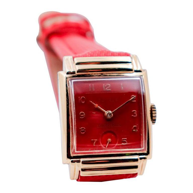 Benrus Yellow Gold Filled Art Deco Tank Style with Custom Red Dial and Strap In Excellent Condition For Sale In Long Beach, CA