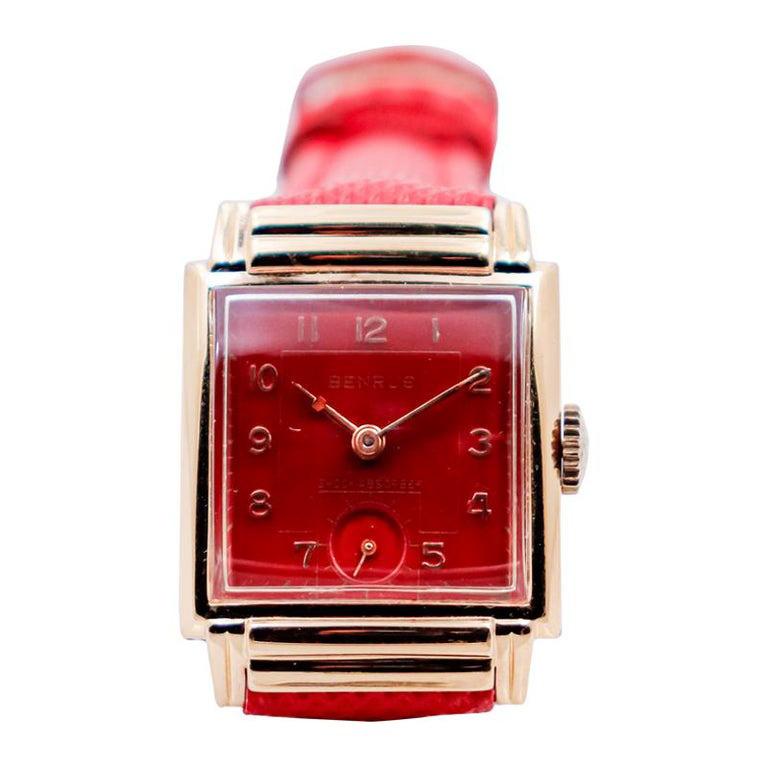 Women's or Men's Benrus Yellow Gold Filled Art Deco Tank Style with Custom Red Dial and Strap For Sale