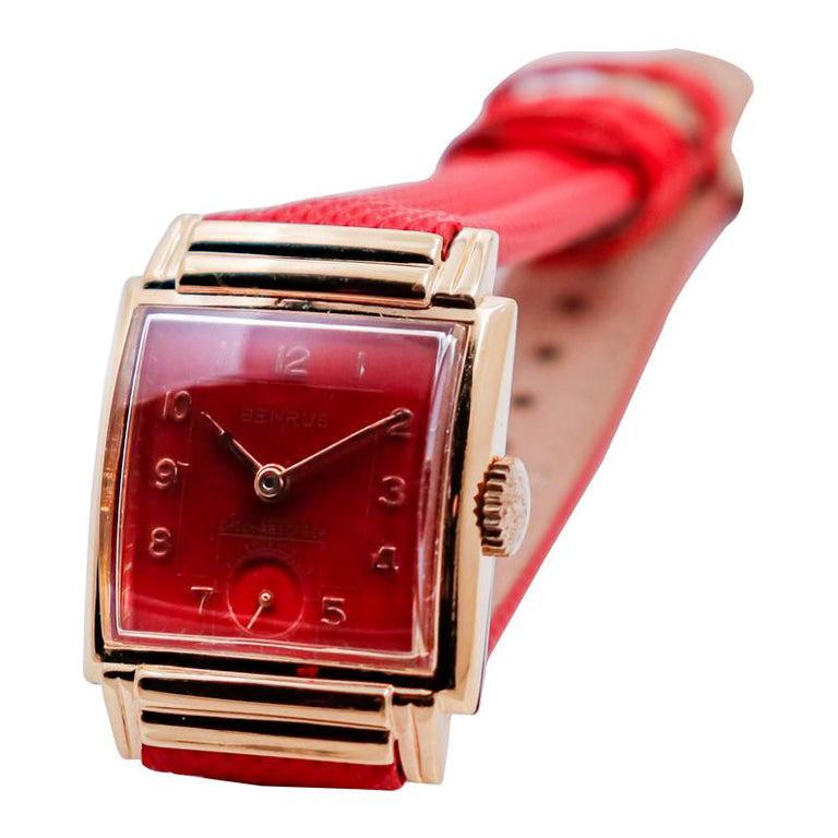 Benrus Yellow Gold Filled Art Deco Tank Style with Custom Red Dial and Strap For Sale 1